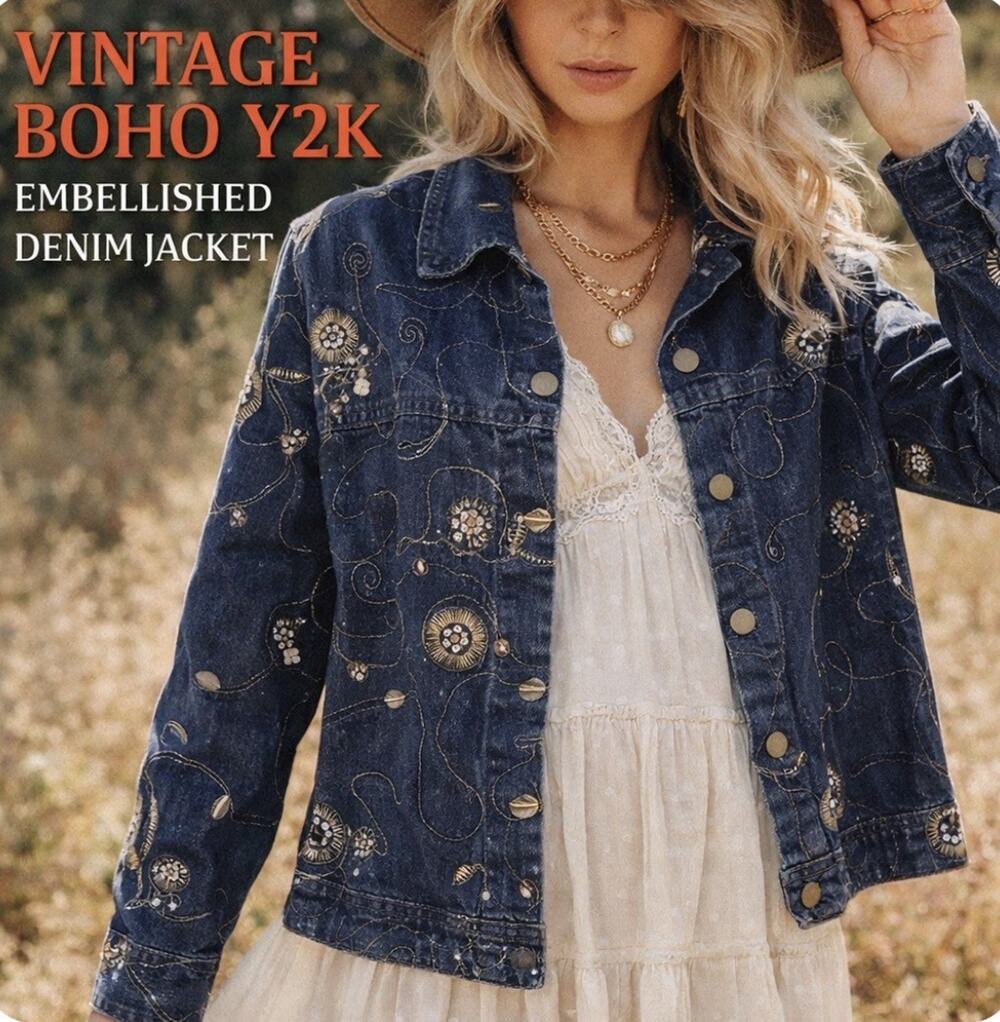 Keren Hart Sz L Denim Jacket All Over Embrdrd Sequins Art to Wear Metal buttons
